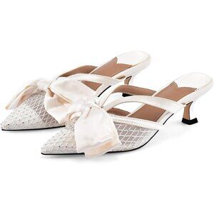 🆕Women White Faux Leather Heeled Mules Kitten Heel Pointed Toe Mesh Bow Sandals